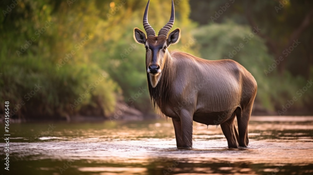Fototapeta premium Waterbuck bull and cow in a pond with water hyacinth