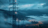 Aerial view of electricity transmission towers in a mountainous region, dense fog blanketing the ground with only the tops of the towers and mountains visible