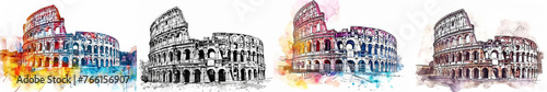 Set of four artistic watercolor and ink illustrations of the Colosseum in Rome, Italy, perfect for backgrounds with space for text, suitable for travel and history-related designs