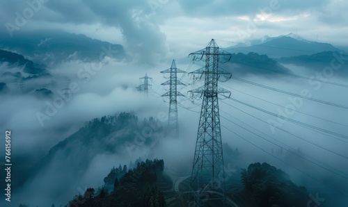 Aerial view of electricity transmission towers in a mountainous region, dense fog blanketing the ground with only the tops of the towers and mountains visible photo