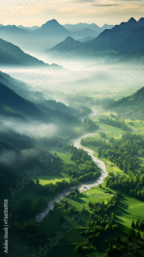 Golden Sunrise over Misty Mountains: A Panoramic View of Solitude and Harmony in Nature