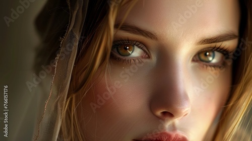 A stunning close-up portrait of a beautiful woman with a bright and vibrant appearance.