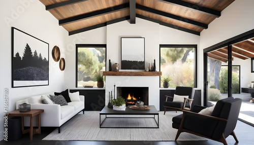 beautiful modern living room with fireplace and black and white decor