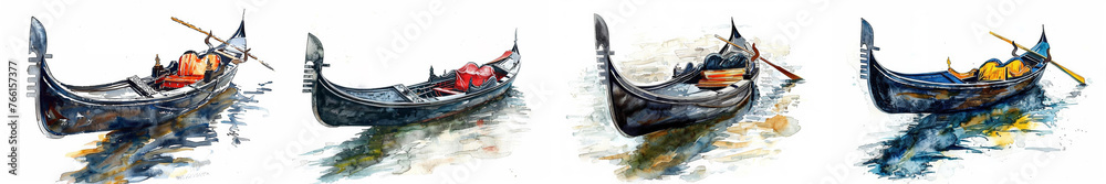 Series of four watercolor illustrations depicting traditional Venetian gondolas with oars and decorative elements, ideal for travel-themed backgrounds with copy space