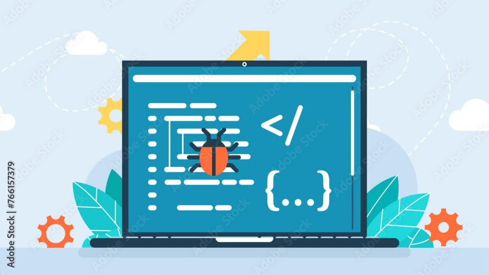 Deleting malware, virus, bug or system error. Fixing program code. Bug error notification popup on software testing concept of testing software on laptop. Search of bugs and virus. 2d flat animation	