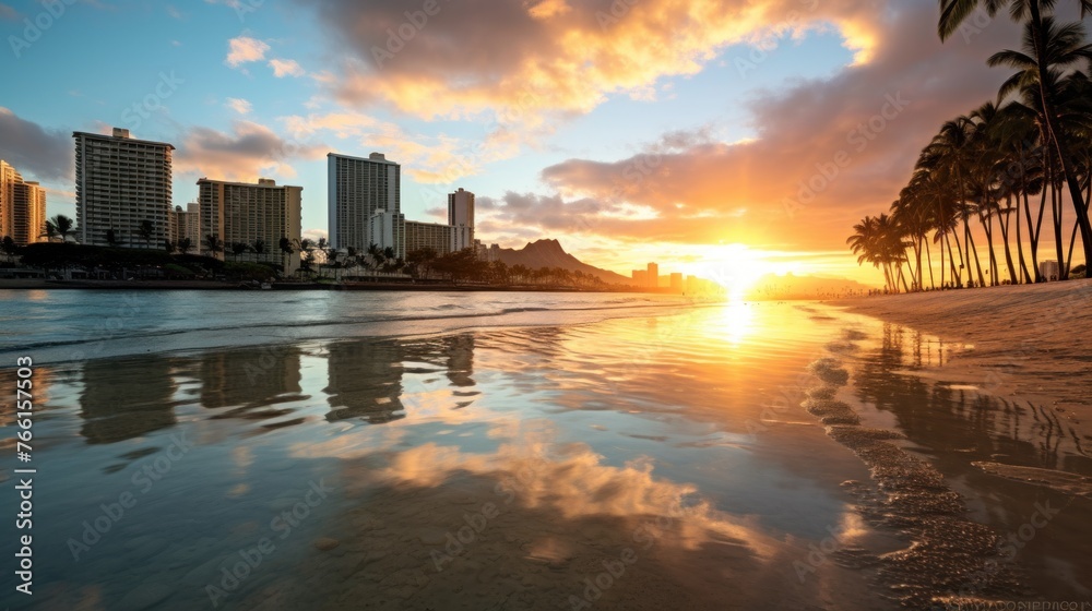 Obraz premium Pool reflection of Diamond Head Waikiki Hawaii