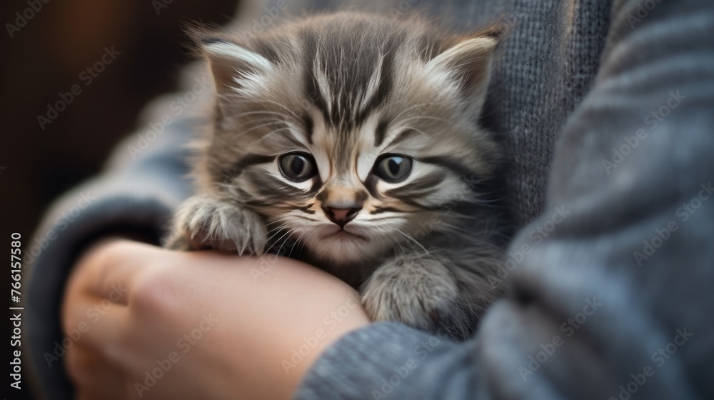 A young girl is holding a cute kitten in her arms. Best friend, friendship between an animal and a human, caring.