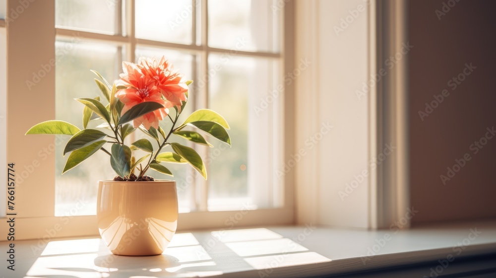 A bouquet of pink flowers in a vase on the windowsill. Flowers as a decoration for the windowsill and at home. Delicate flowers.