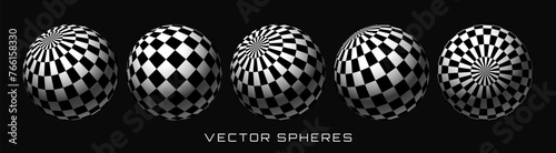 Abstract Graphic Design 3D Spheres with Checkered Texture. Chess Balls. Trendy Y2K Geometric Shapes Set. Brutalist Design Elements. Vector Illustration.