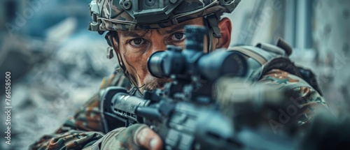 Special forces, destroyed, game simulators, a close-up shot of a special forces operator in full gear, peering through the sights of his rifle, behind him, a virtual reality simulation displays 