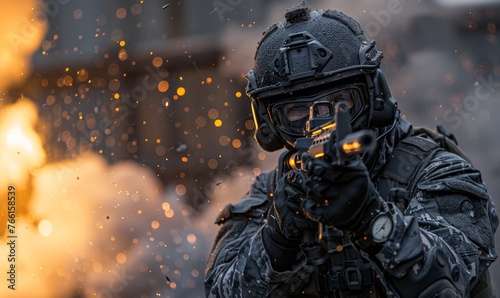 Special forces, soldier police, weapon working, an intense training session in a shooting range, a special forces police officer in full tactical gear, firing at targets, the concentration photo