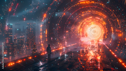 A lone figure stands before a dazzling circular portal, with the backdrop of a cyberpunk cityscape enveloped in mist