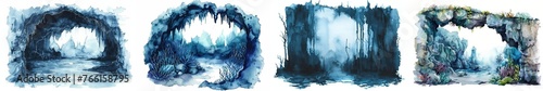 Set of four watercolor cave and underwater landscapes, ideal for backgrounds or environmental concept art in storytelling, with empty space for text photo