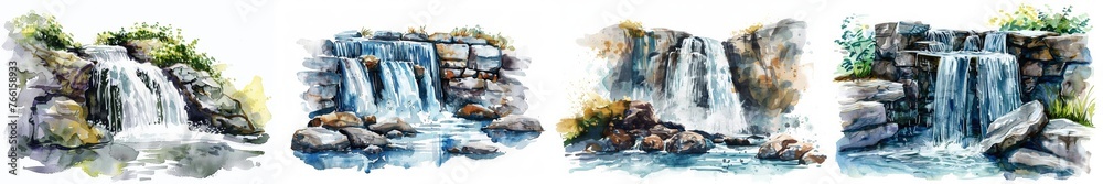 Set of four tranquil watercolor waterfall scenes, ideal for natural-themed backgrounds with space for text, suitable for environmental or travel-related design elements Set of four tranquil watercolor waterfall scenes, ideal for natural-themed backgrounds with space for text, suitable for environmental or travel-related design elements