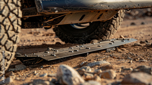 A rugged steel skid plate, mounted under the truck's fuel tank, protecting it from damage during off-road adventures