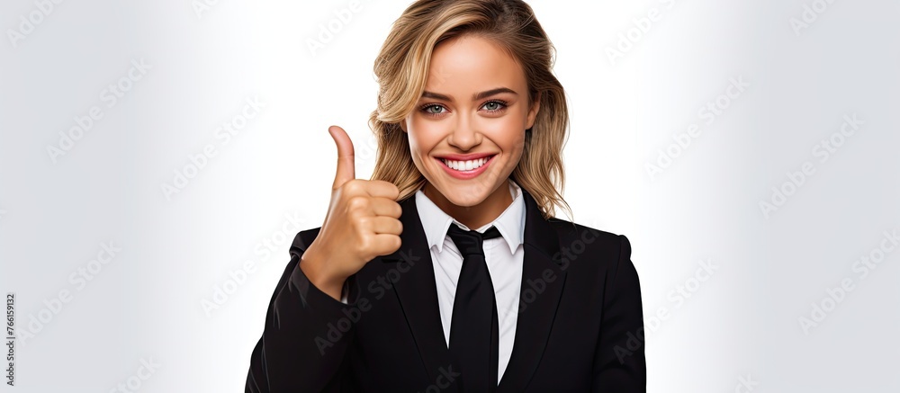 A woman in formal wear, with a tie and dress shirt, is smiling and giving a thumbs up gesture. Her hair is styled elegantly, and her eyelashes beautifully frame her happy expression A woman in formal wear, with a tie and dress shirt, is smiling and giving a thumbs up gesture. Her hair is styled elegantly, and her eyelashes beautifully frame her happy expression