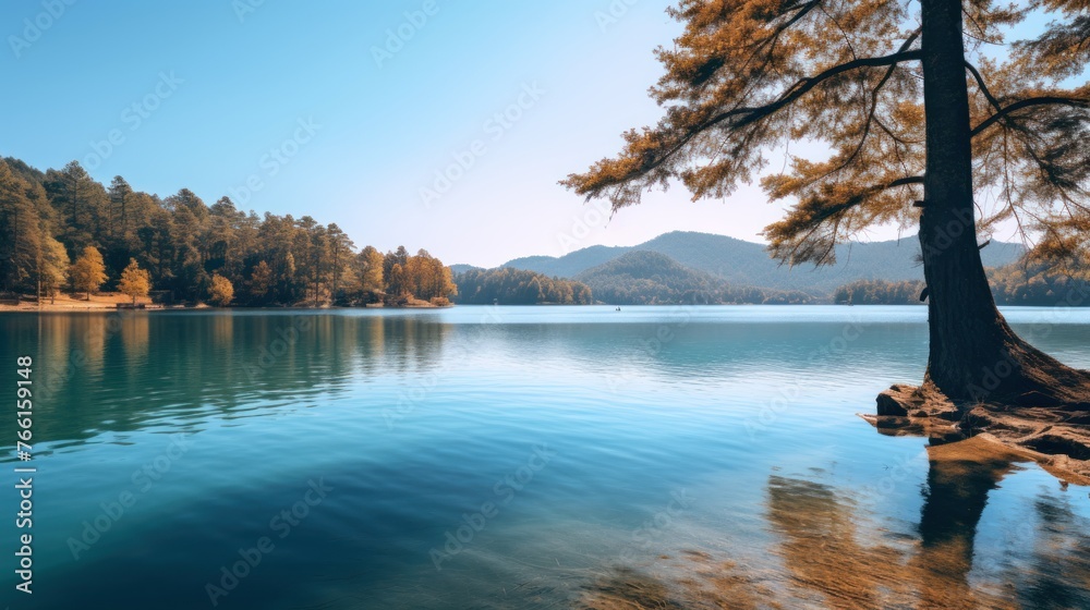 Naklejka premium Panoramic view on mountain lake in front of mountain range, national park in Altai republic.