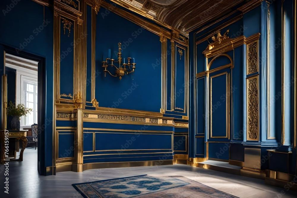 Elegant interior space featuring a blue wall in a classic design and ...