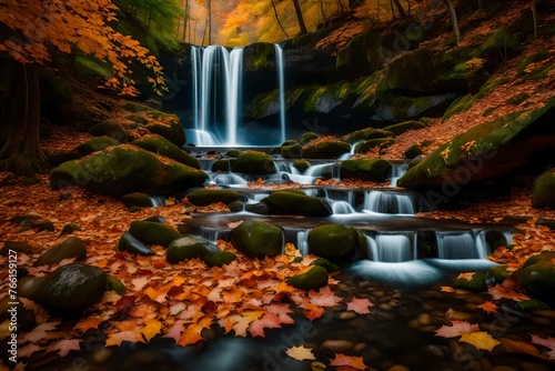 Gorgeous waterfall view with fall colors. A scene from nature deep within the forest. A glimpse of nature in the fall