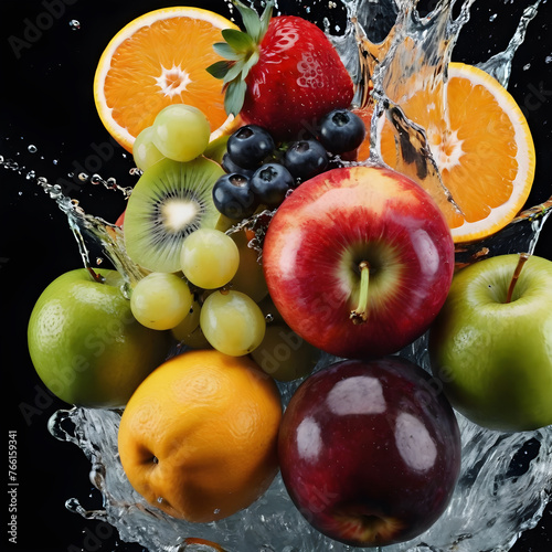 fruits and berries on a black background. for the poster. juice splashes