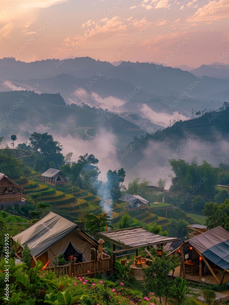 A small village sits nestled among towering mountain peaks, surrounded by rugged terrain and winding roads