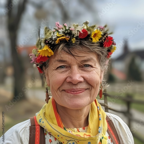 A woman with a floral crown on her head  standing outdoors