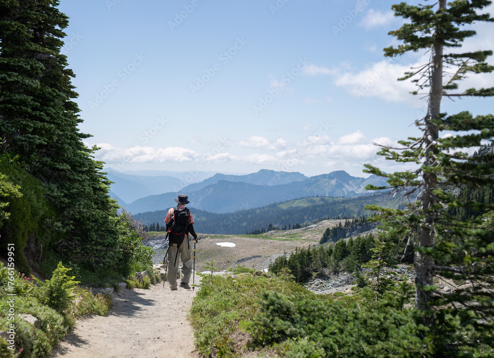 Man hiking Skyline Trail. Mt Rainier National Park. Washington State.