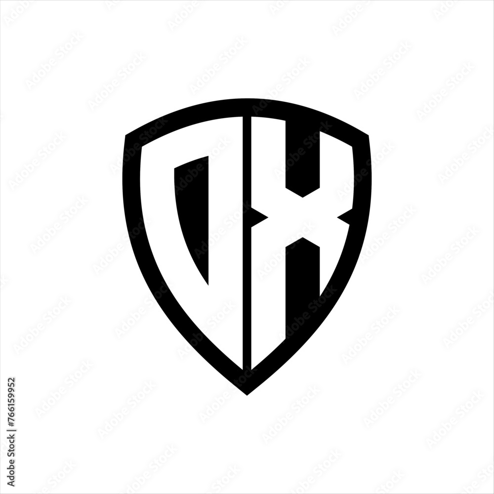 DX monogram logo with bold letters shield shape with black and white color design DX monogram logo with bold letters shield shape with black and white color design