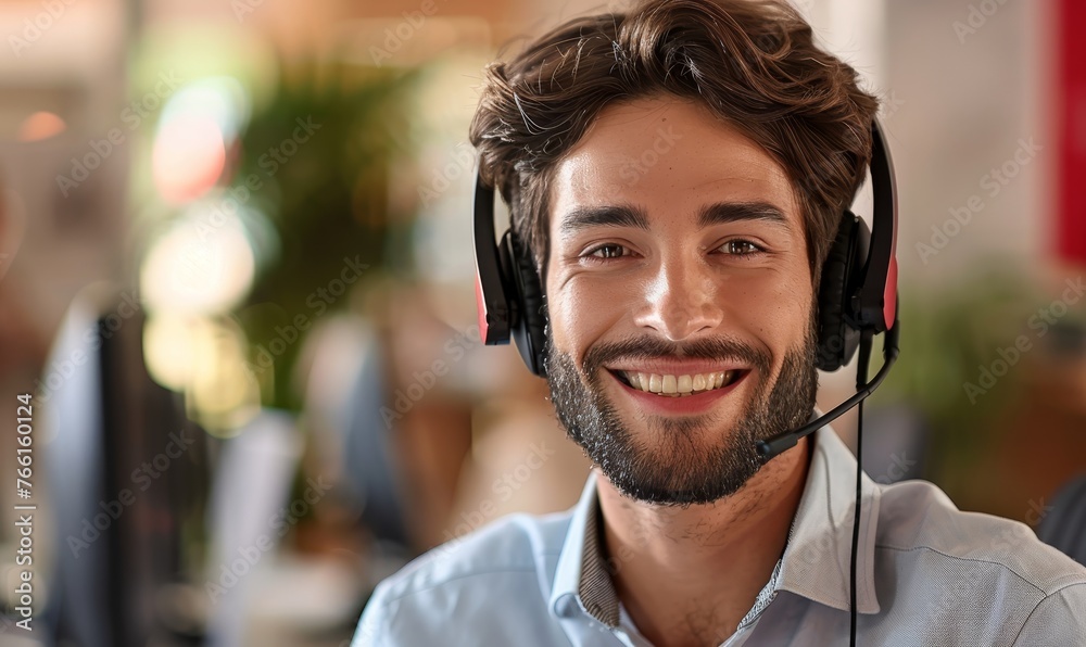 happy Male contract service representative telemarketing operator smiling to camera. Happy man call center agent or salesman wearing headset working in customer support office happy Male contract service representative telemarketing operator smiling to camera. Happy man call center agent or salesman wearing headset working in customer support office