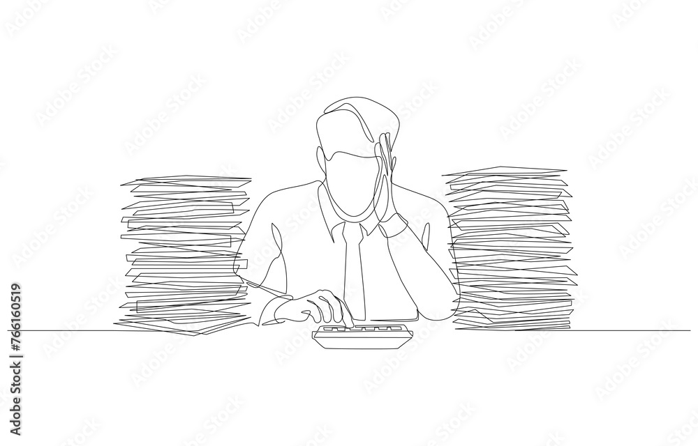 Continuous one line drawing of businessman using calculator among piles of documents, accounting and internal auditing concept, single line art.
