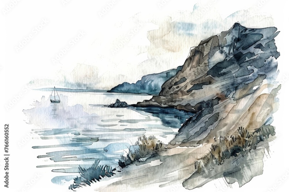 Obraz premium Serene watercolor seascape with sailboat near rocky cliffs, ideal for tranquil nautical-themed backgrounds with copy space
