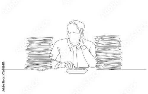Continuous one line drawing of businessman using calculator among piles of documents, accounting and internal auditing concept, single line art.
