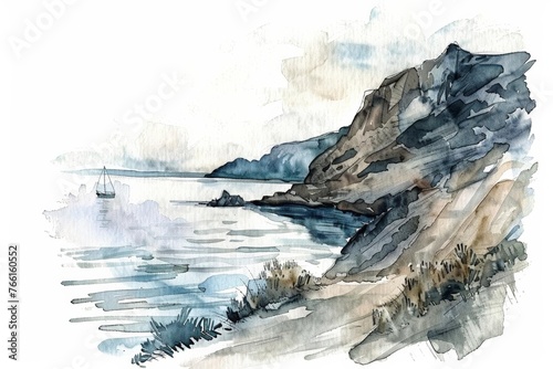 Serene watercolor seascape with sailboat near rocky cliffs, ideal for tranquil nautical-themed backgrounds with copy space