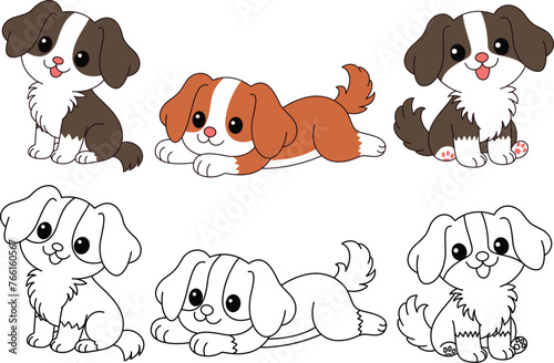 Cute Kawaii Set of Dog isolated on White Background Cartoon Character Coloring Page Vector Illustration