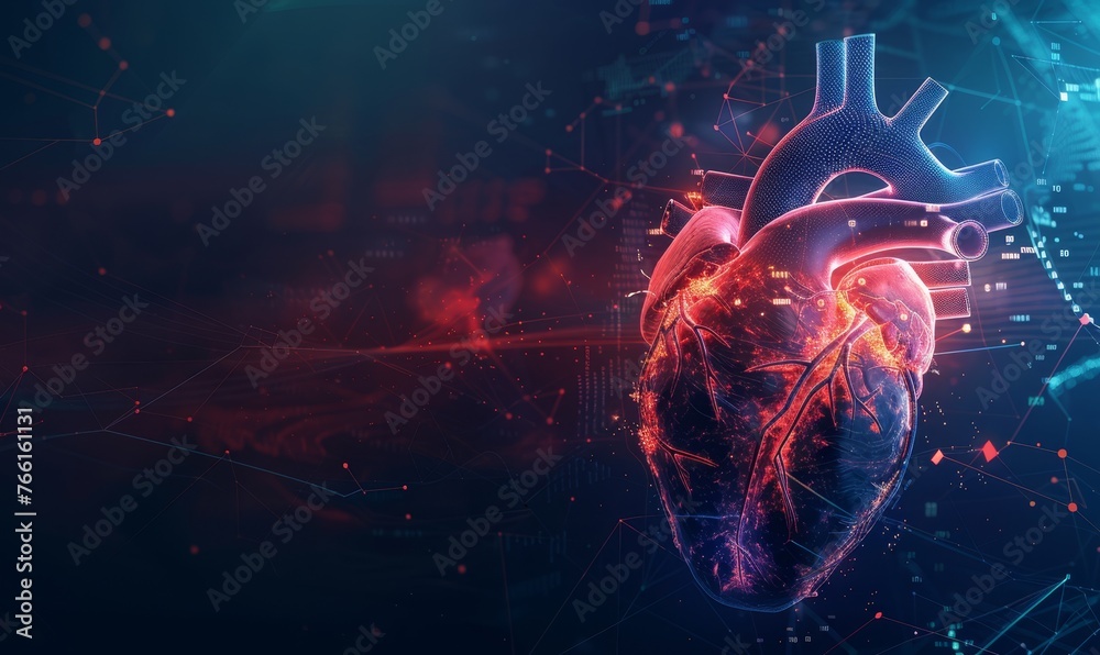 A digital representation of a human heart in a high-tech interface setting, symbolizing advanced medical technology and research.