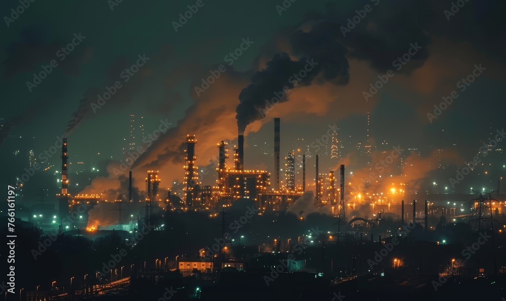 A nocturnal cityscape overwhelmed by the dense smoke emissions from industrial factories, reflecting environmental concerns.