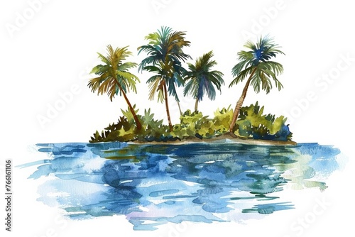 Tropical island paradise with lush palm trees and tranquil blue water, hand-painted in watercolor, ideal for travel or vacation-themed backgrounds with copy space