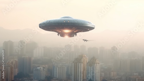 ufo flying close up, copy space, city background in morning day time,