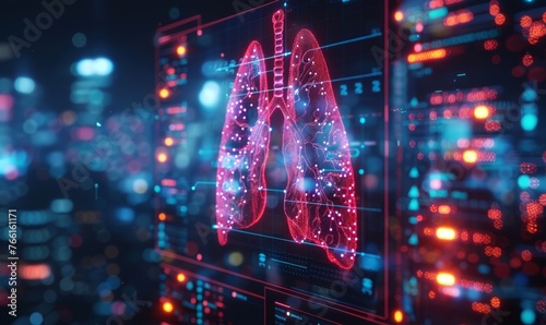This image features a high-tech digital visualization of human lungs, symbolizing cutting-edge respiratory medicine and diagnostics. #766161171