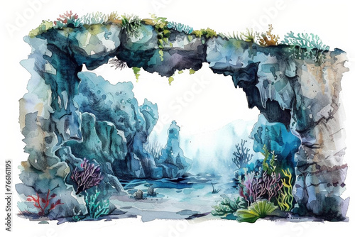 Watercolor illustration of a mystical underwater sea cave with colorful coral formations, ideal for backgrounds or mermaid-themed designs with space for text photo