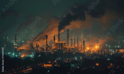 A nocturnal cityscape overwhelmed by the dense smoke emissions from industrial factories  reflecting environmental concerns.