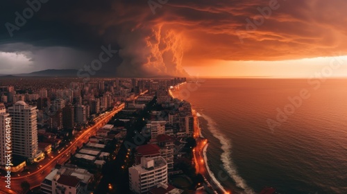 tsunami hit the seaside city thunderstorms passing through some cityside at sunset
