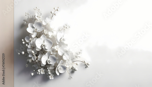 A delicate white floral arrangement featuring detailed white orchids is positioned in the far left corner against a pure white background. 