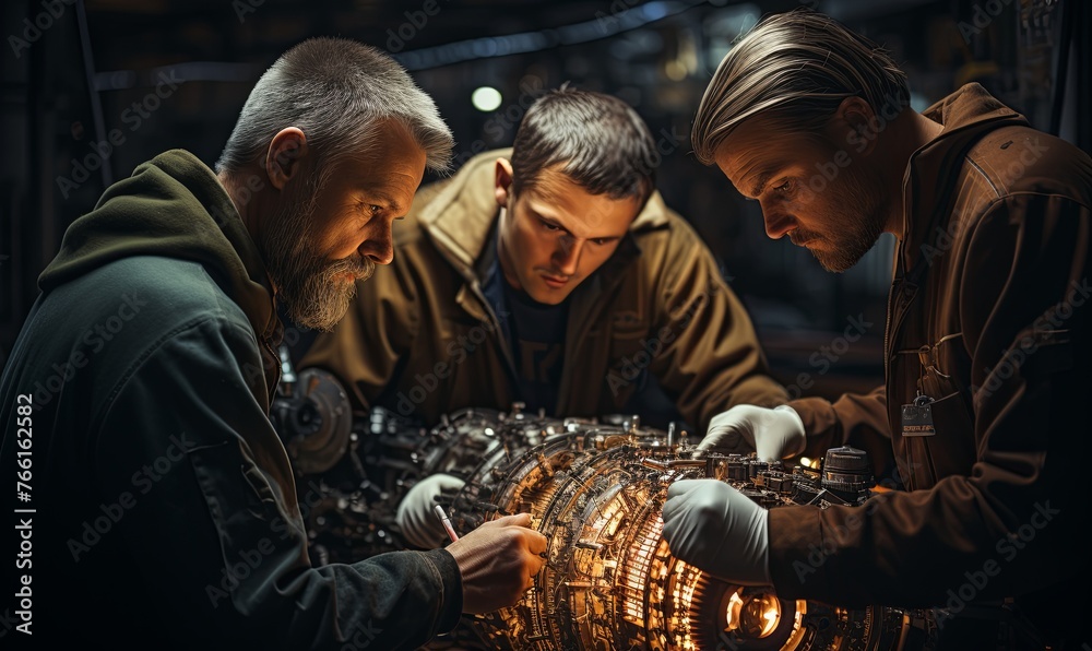 Engineers Examining Machine in Factory Engineers Examining Machine in Factory