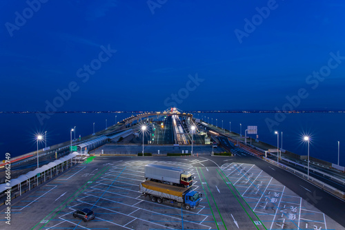A dusk traffic jam on the highway at Tokyo bay area in Chiba wide shot