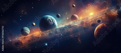 A group of planets, each with its own atmosphere, clouds, and water, soar through the galaxy, creating a beautiful astronomical object in the sky. A stunning art display of space science