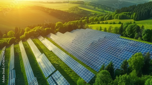 Drone view from above of solar panels field at sunset in spring. Solar cell power plant generating eco-friendly renewable energy. Green technology for sustainable development and alternative electric