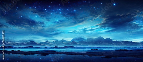 A mesmerizing night sky filled with stars and clouds hangs over a tranquil body of water, creating a breathtaking natural landscape with azure hues reflecting in the calm aqua waters below