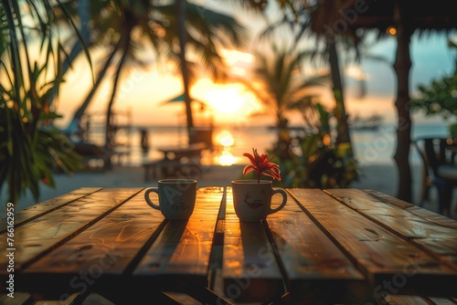 A cozy beach café during sunset, featuring a vase of flowers on the table.
