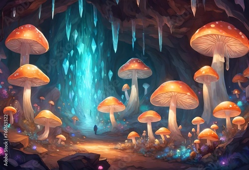 Crystal Cave filled with shimmering crystal formations, glowing mushrooms, and irides © Ehtisham